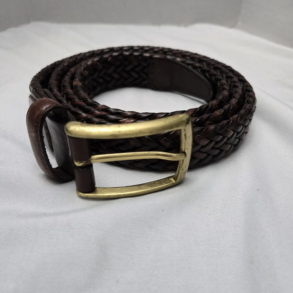 Claiborne Braided Belt Mens 42 Brown Genuine Bonded Leather Classic Brass Buckle